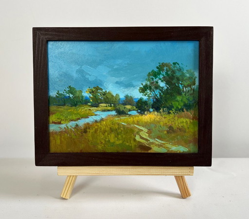 Original Oil Painting Summer Nature Landscape A small flood of the river