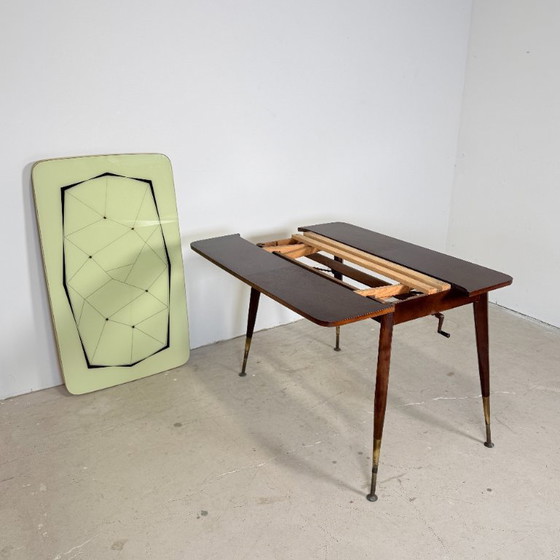 Mid-Century Adjustable Crank Table / Dining table & Coffee Table – 1950s – Wood, Brass (photo 11 of 13)