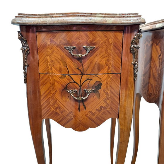 Comodini classici in stile Luigi XV francese, anni '70, Legno, Marmo, Marrone, Klassiek (foto 6 di 8)