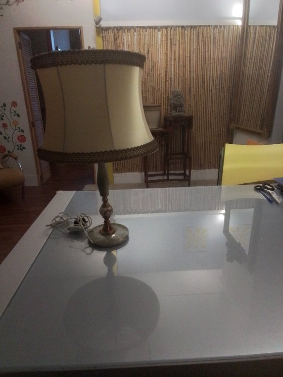 Table lamp with onyx and brass, cream shade, Stone, Green, Klassiek (photo 4 of 5)