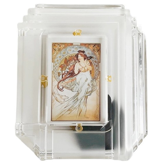 Image 1 of Vintage art nouveau Mucha schilderij The Arts: Music print in Waterford Crystal kristallen fotolijst 1980's