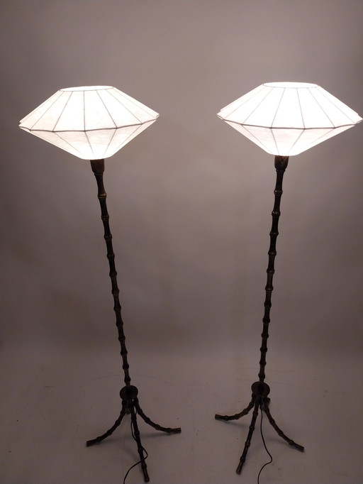 1 x set of 2 faux bamboo metal floor lamps with ELGO cocoon shades. 1970s