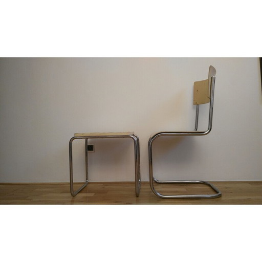 Vintage Bauhaus yellow chair and stool for Slezák in metal 1930