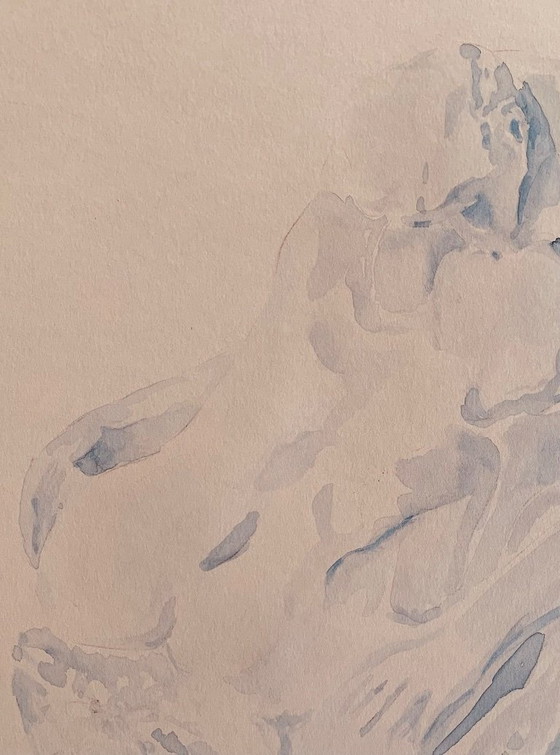 Image 1 of Monochrome blue watercolor of the statue "The Kiss" by Auguste Rodin