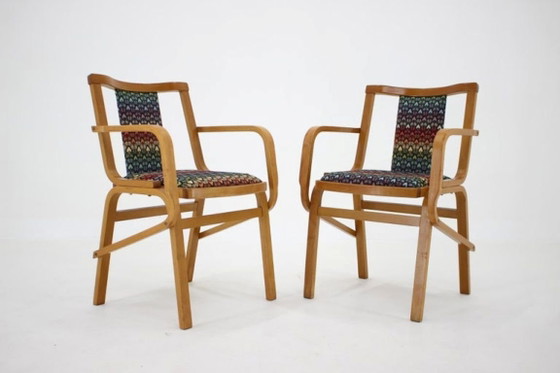 Image 1 of Set of Two Rare 1970s Czechoslovakian Bentwood Armchairs by TON in Colorful Patterned Fabric