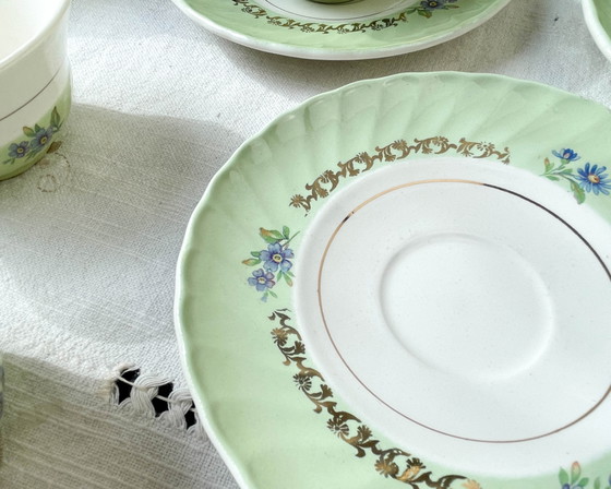 Image 1 of Vintage White Green Gold Salins Porcelain Tea/Coffee Set Made In France