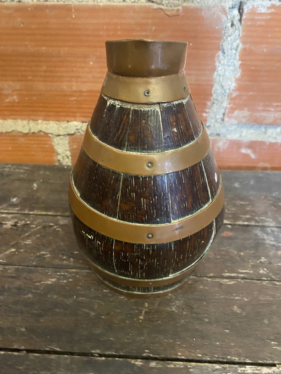 Image 1 of Pichet Ancien Tonneau Bois + Cerclage Cuivre Vintage #D379