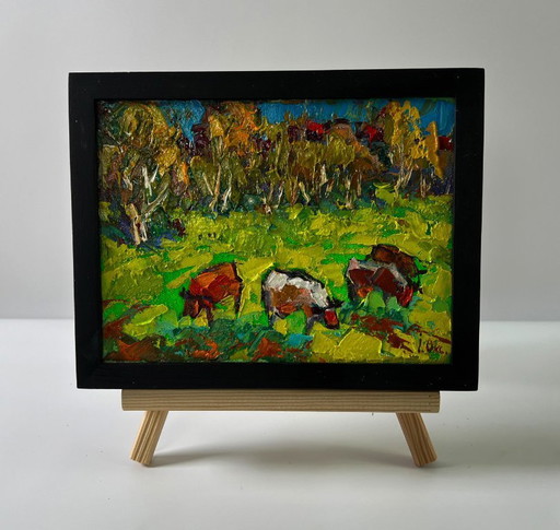 Original Oil Painting Summer Nature Landscape Cows Are Grazing In The Meadow – schilderijen tekeningen, Canvas