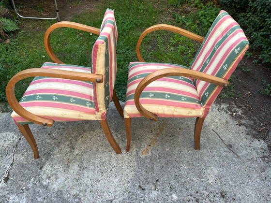 Paar Bridge fauteuils jaren 50 – Gebogen hout – Kuipstoelen, Canvas (photo 7 of 15)