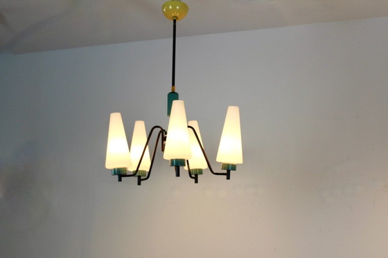 Lampada a sospensione olandese in acciaio, legno e vetro opalino, Lampadari, polished steel (foto 3 di 10)