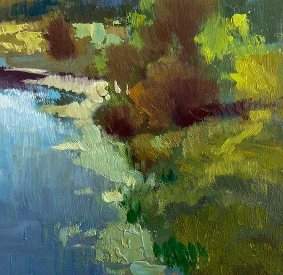 Image 1 of Original Oil Painting Summer River Landscape Sunset clouds over the river