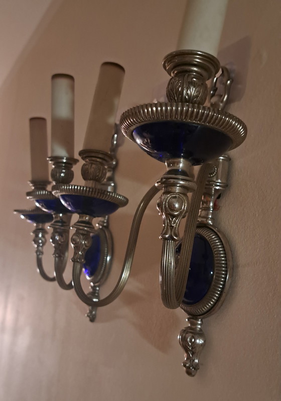 Image 1 of Französische Jugendstil-Wandlampen aus kobaltblauem Glas – 1940er, 2er Set