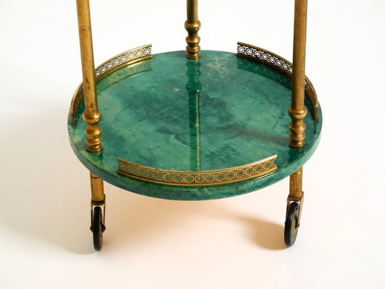 Image 1 of Round, small 1960s Aldo Tura serving or bar trolley in green goatskin leather | Made in Italy
