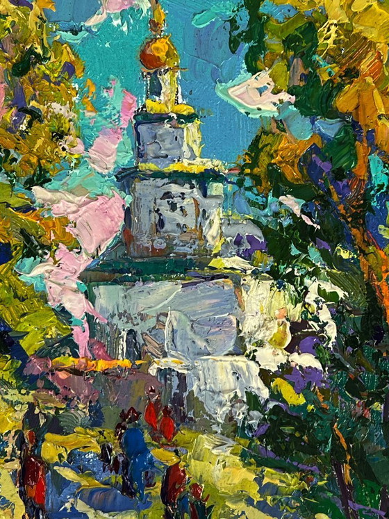 Image 1 of Original Oil Painting Rural Landscape Church Morning Bell in the Village