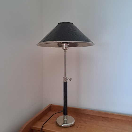 Vintage Chrome & Croco-Effect Table Lamp – Adjustable – Adnet Style – 1970s/80s – Metal, Leather (photo 4 of 6)