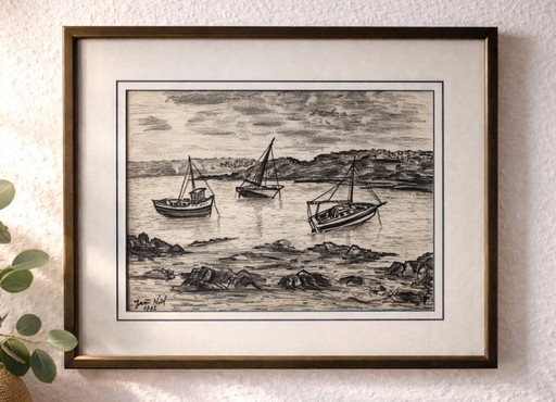 Vintage Signed Coastal Drawing | Boats at Anchor | Jean-Noël, 1965