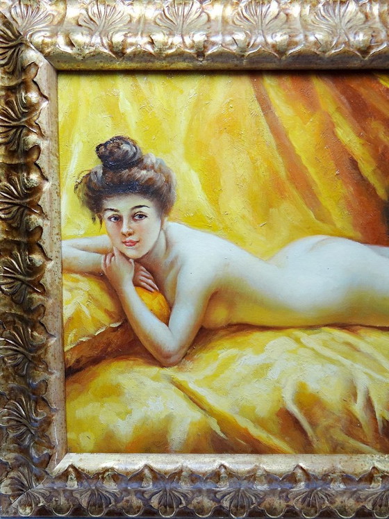 Image 1 of Oil on canvas "Nude with Cushion" "The Lazy Woman" after Daniel Hernández Morillo