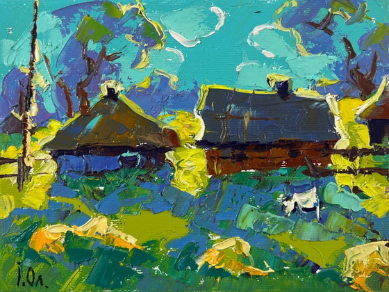 Image 1 of Original Oil Painting Summer Houses Landscape Moonlit night in the village