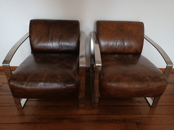 Image 1 of 2x Vintage Fauteuils leer en chroom