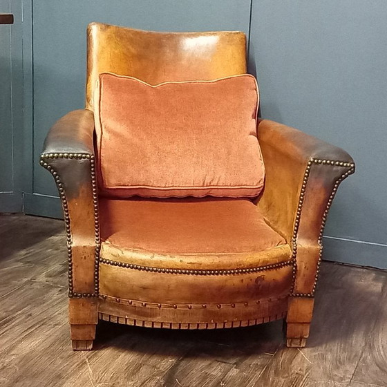 Fauteuil en cuir français – Art déco avec façade rectangulaire – Leather, Wood (photo 6 of 14)