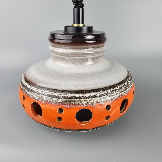 Image 1 of Lampe pendante vintage XL orange/blanc en céramique, par Herda. Lampe pendante OVNI des années 1970. Fat Lava Lamp.
