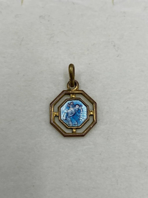 Miniatur-St.-Christophorus-Medaille – Durchscheinende blaue Emaille – Vergoldeter achteckiger durchbrochener Rahmen