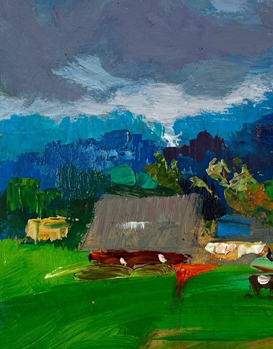 Image 1 of Original Oil Painting Summer Village Landscape Cows grazing peacefully by the river