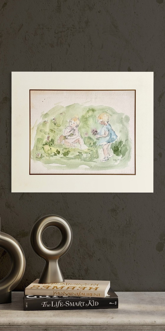 Image 1 of Marie Louise Ogier - Magnifico acquerello "due bambini che raccolgono fiori" circa 1980