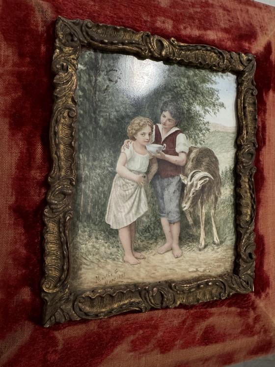 Image 1 of Dipinto di scena pastorale su porcellana, XIX secolo