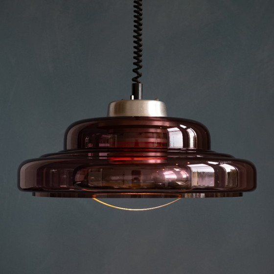 Image 1 of Einzigartige Herda Space Age Pendelleuchte aus rauchigem Aubergine-Plexiglas