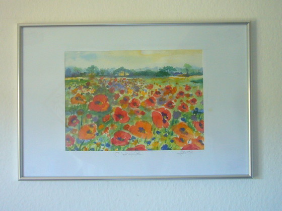 Image 1 of Aquarelle originale - Motif/titre : Prairie de coquelicots