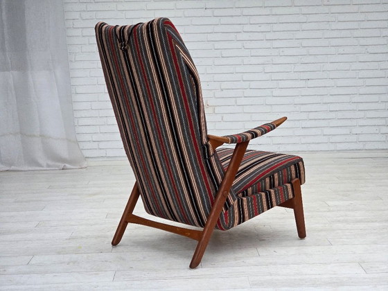 Image 1 of Anni '60, poltrona svedese, tessuto di lana a righe, legno di quercia, legno di teak.