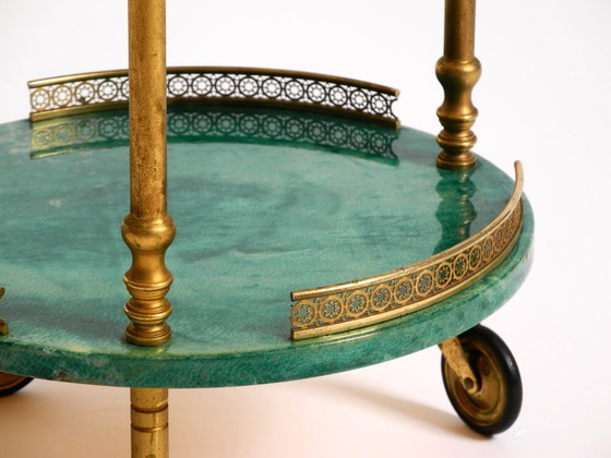 Image 1 of Round, small 1960s Aldo Tura serving or bar trolley in green goatskin leather | Made in Italy