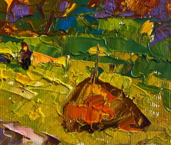 Image 1 of Original Oil Painting Evening Field Landscape The summer sky is burning