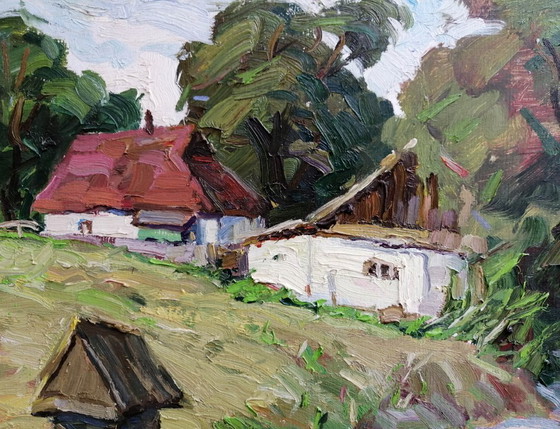 Peinture à l'huile originale Paysage rural Vie de village d'été Campagne Au-delà du puits (photo 6 of 11)