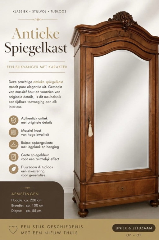 Ludwig XV Antiker Spiegelschrank mit Spiegelglas und Krone, Topzustand