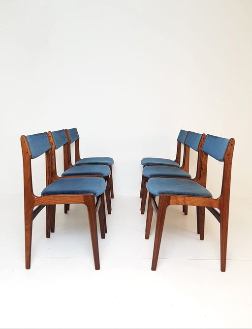 Ensemble de 6 chaises de salle à manger Erik Buch en palissandre, bleues, récemment retapissées – eetkamerstoelen, Wood