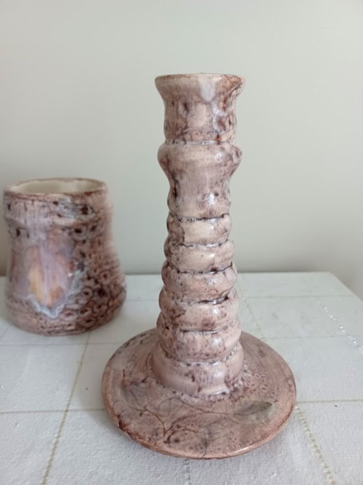 Vallauris Bonaudi Studiopottery. Mid-Century. Kerzenständer Und Vase.
