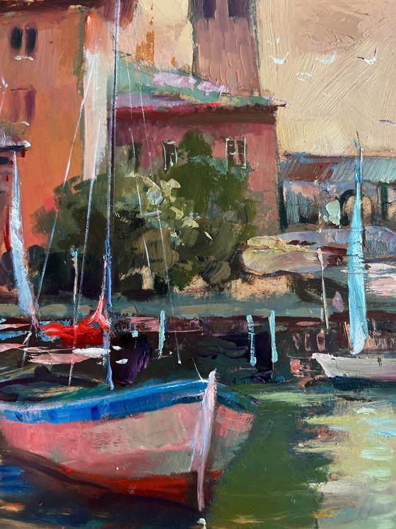 Image 1 of Original Oil Painting Evening City Landscape Venice port with sunset