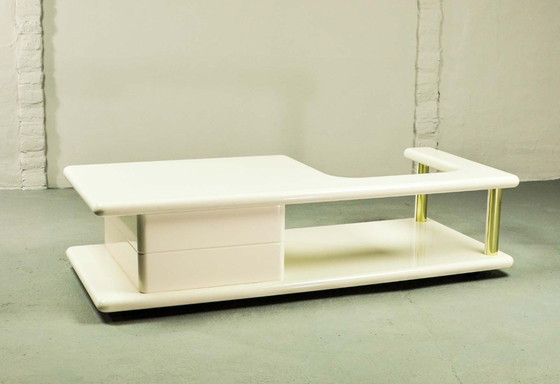 Image 1 of White High Gloss Lacquered Free Form Mid-Century Italian Design Coffee Table with Brass Accents.