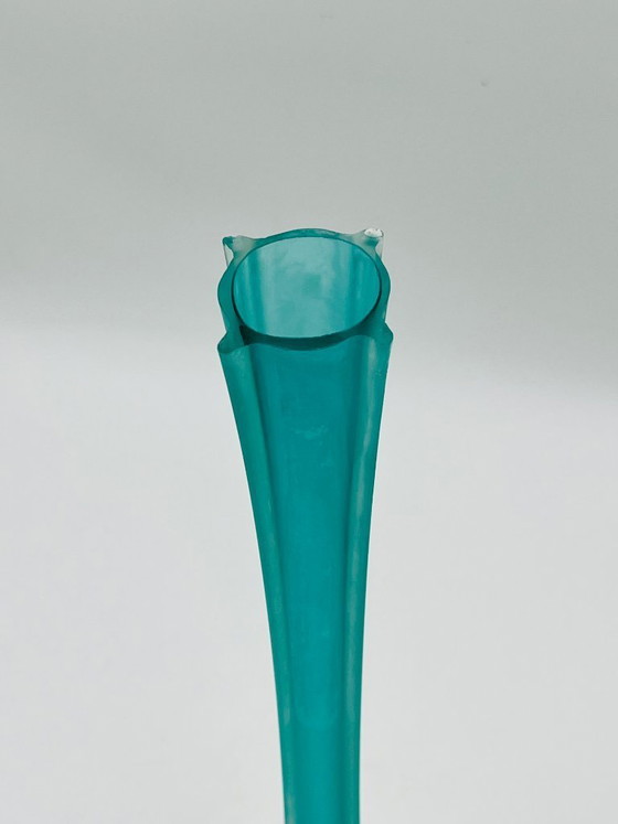 Image 1 of Murano-style turquoise glass bud vase in the shape of the Eiffel Tower