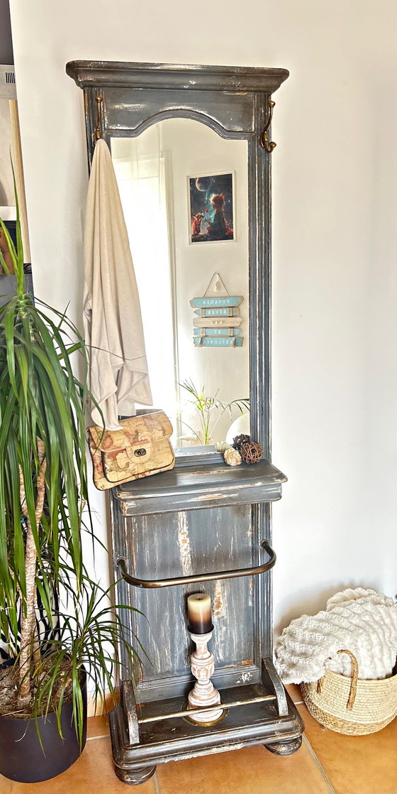Old entrance coat rack patinated blue-grey with mirror, Vintage charm, Shelving unit, Wood (photo 8 of 15)