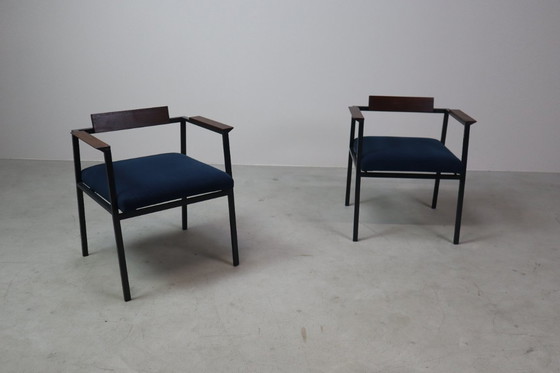 Image 1 of  Pair of Postmodern armchairs in steel and mahogany, 1970s