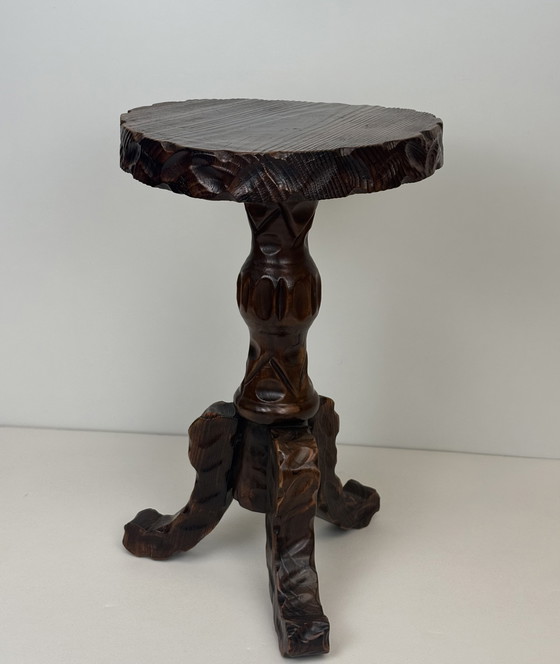 Image 1 of Vintage wooden hand-carved Spanish design side table Brutalist