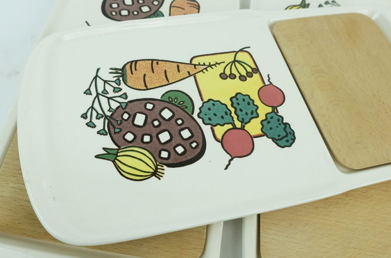Image 1 of set of 4 waechtersbach SNACK PLATTERS vegetable plate ceramic with wooden insert 1950s 60s