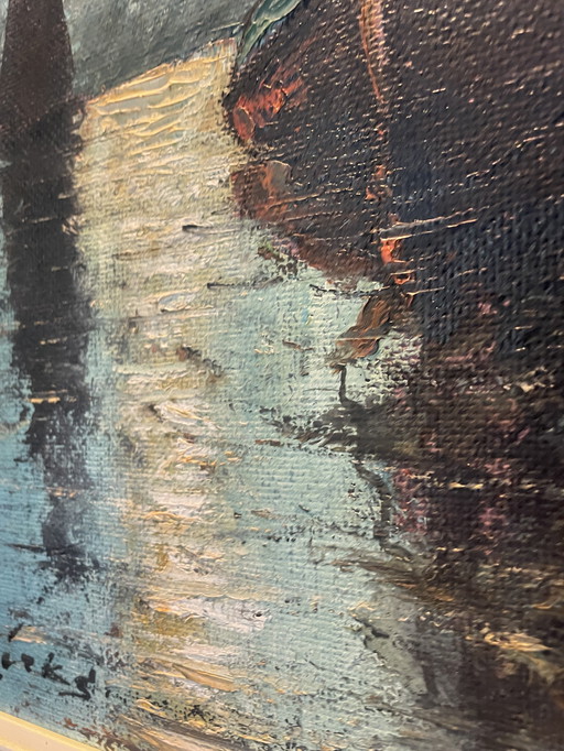 Peinture à l'huile de Karl Dirks, Bateaux au crépuscule