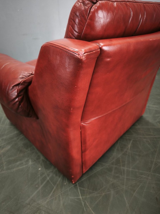 Jaren 70 Deense Moderne Rode Leren Lounge Fauteuil, Scandinavisch Design, Leer, Rood, Vintage (foto 10 van 15)