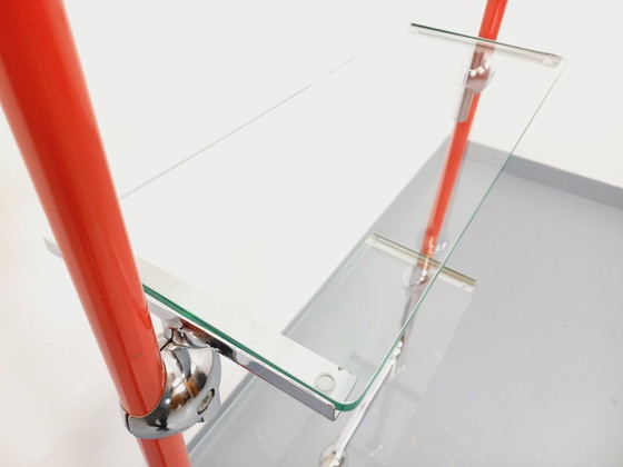 Image 1 of Modular Bauhaus-style vintage bookcase in red metal, chrome and glass from the 1970s