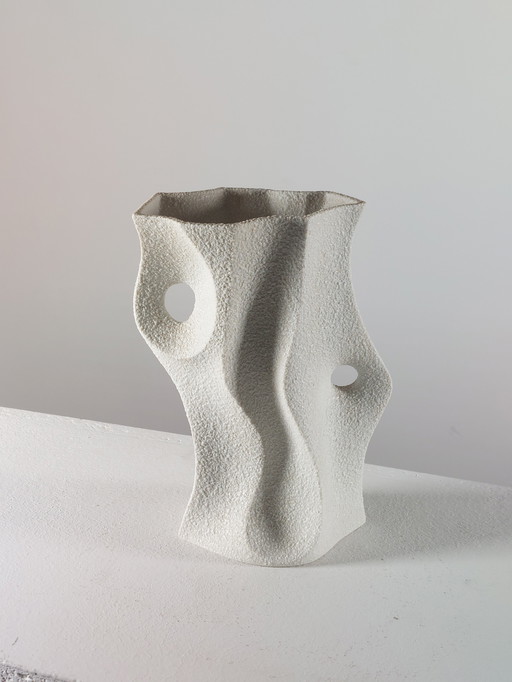 Organic Vintage Mid Century Bisque Porcelain Sgrafo Modern Vase