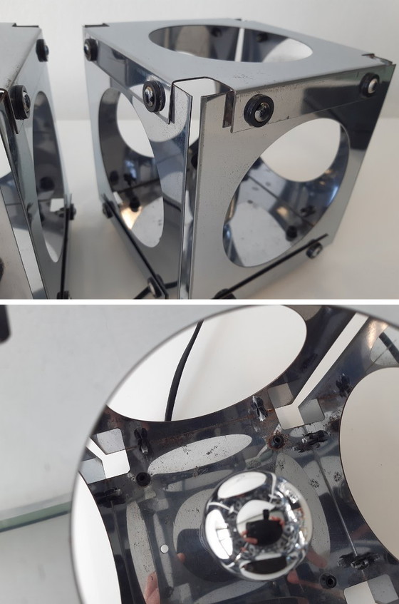 Image 1 of Set of 2 chrome 70s cube table lamps by Goffredo Reggiani, set of space age table lamps